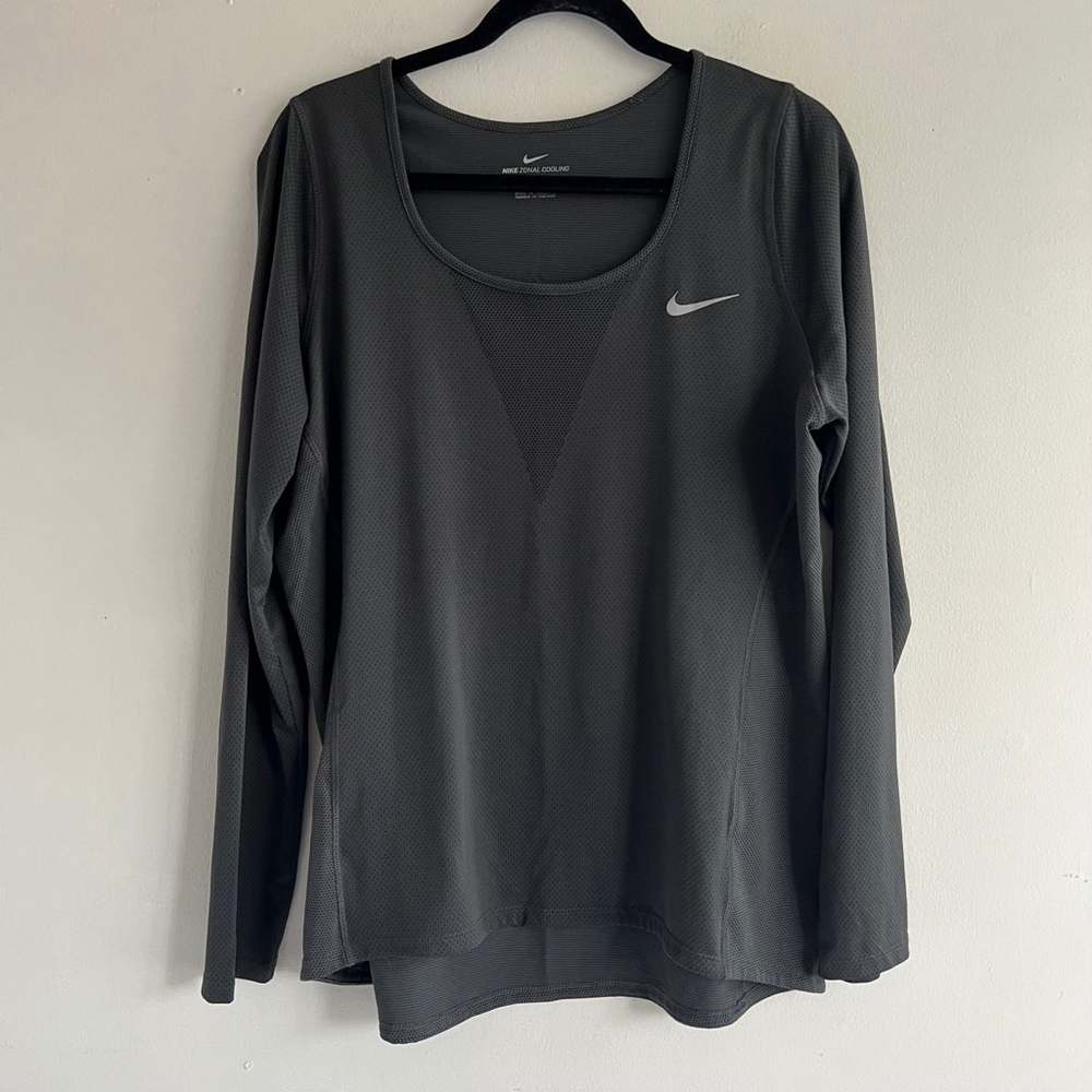 Nike Women's Long-Sleeve Dri-FIT Scoop Neck Top in Dark Gray